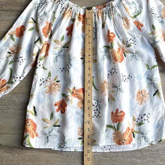Hester & Orchard Floral Linen Blouse Womens Large Bow Collar Peasant Lightweight - Picture 2 of 8